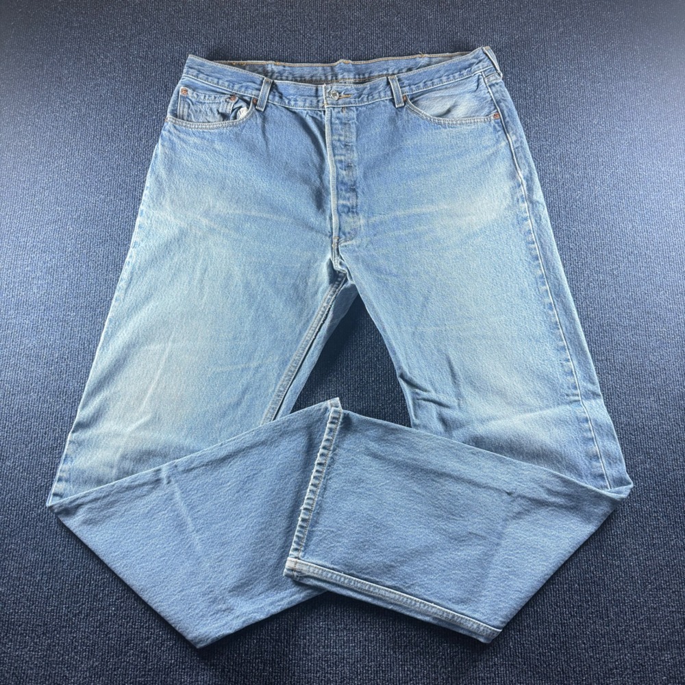 Vintage Levis 501 Mens Jeans 42x38 Light Wash Straight Leg Button Fly Denim Blue